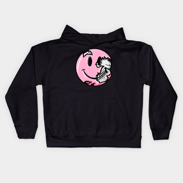 Creepy Pastel Goth Pink Smiley Face Skull Emoji Kids Hoodie by PUFFYP